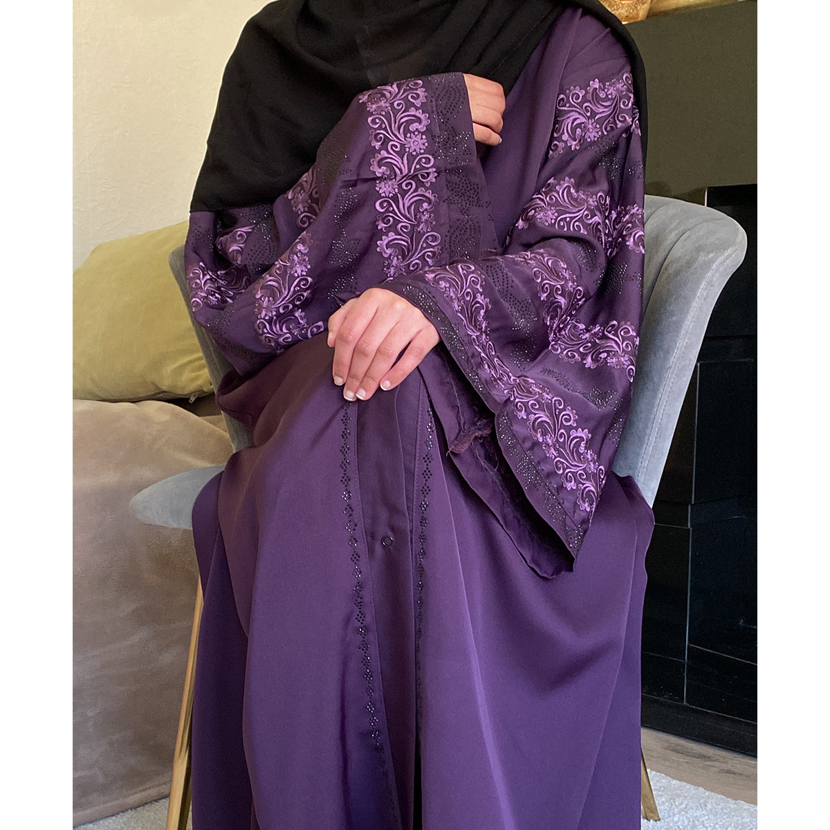 Embroidered Floral Sleeve Open Abaya