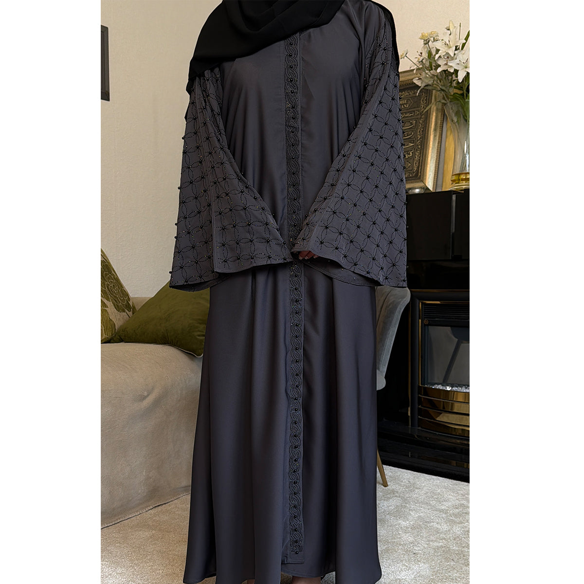 Fatima Pearl Detail Embellished Open Button Abaya