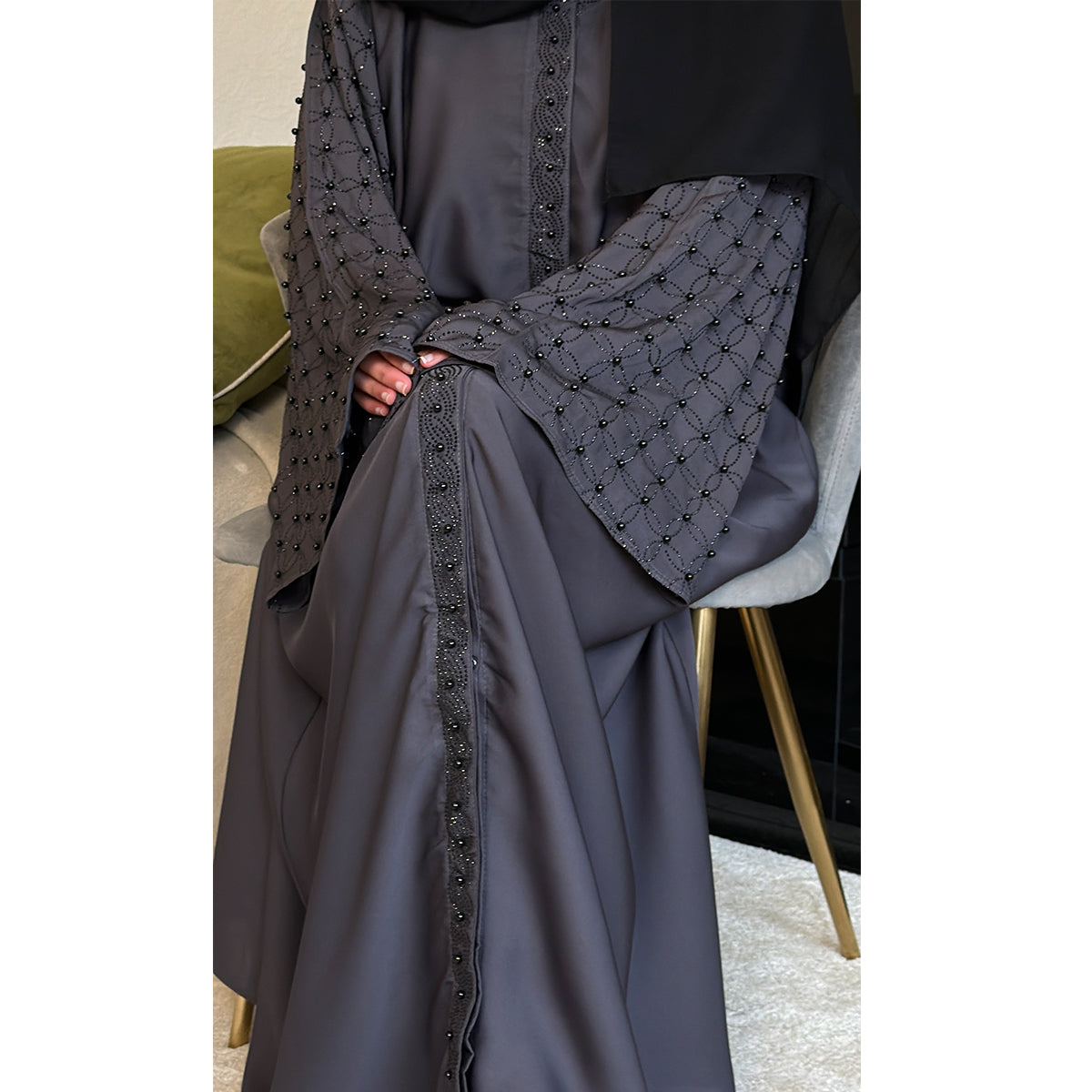 Fatima Pearl Detail Embellished Open Button Abaya