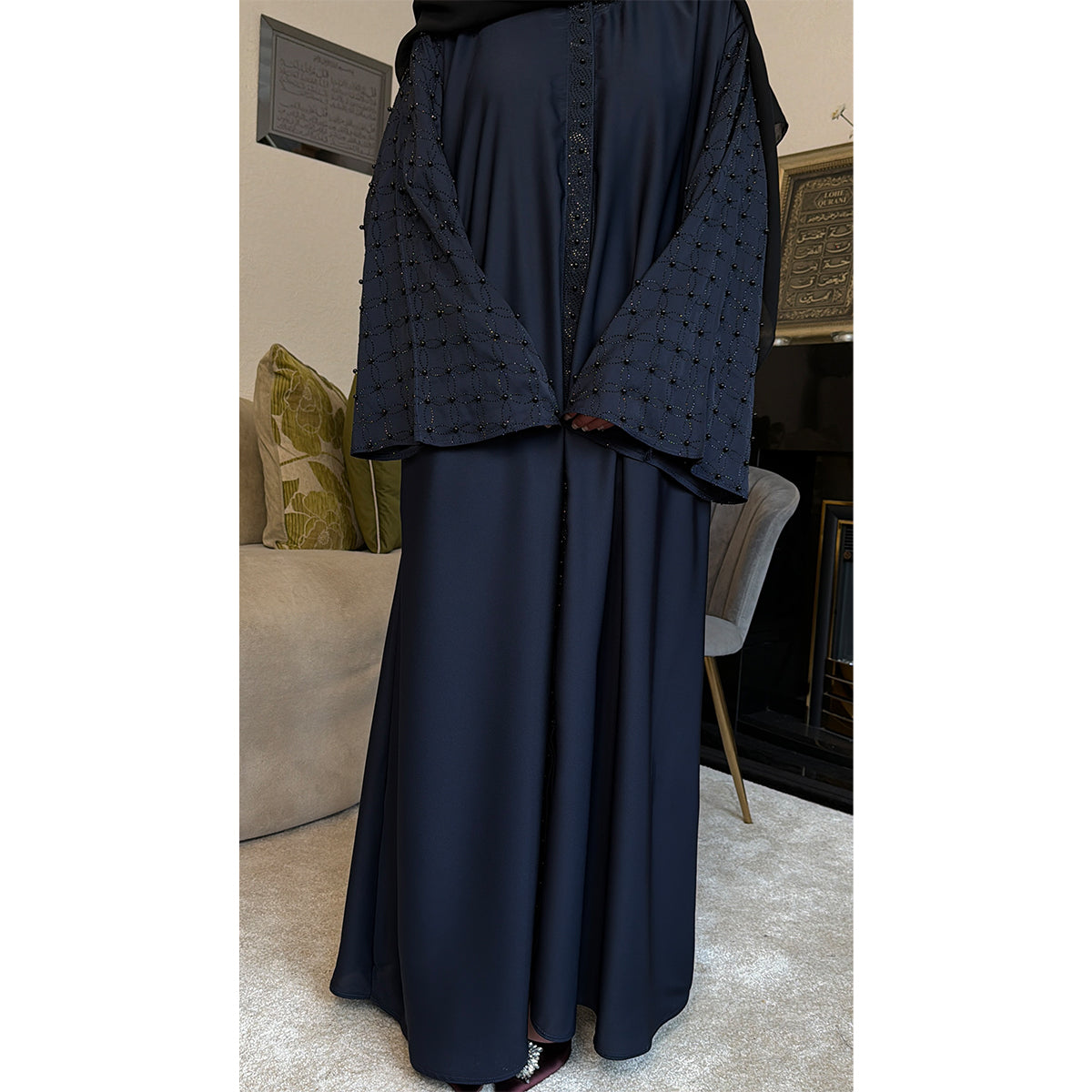 Fatima Pearl Detail Embellished Open Button Abaya