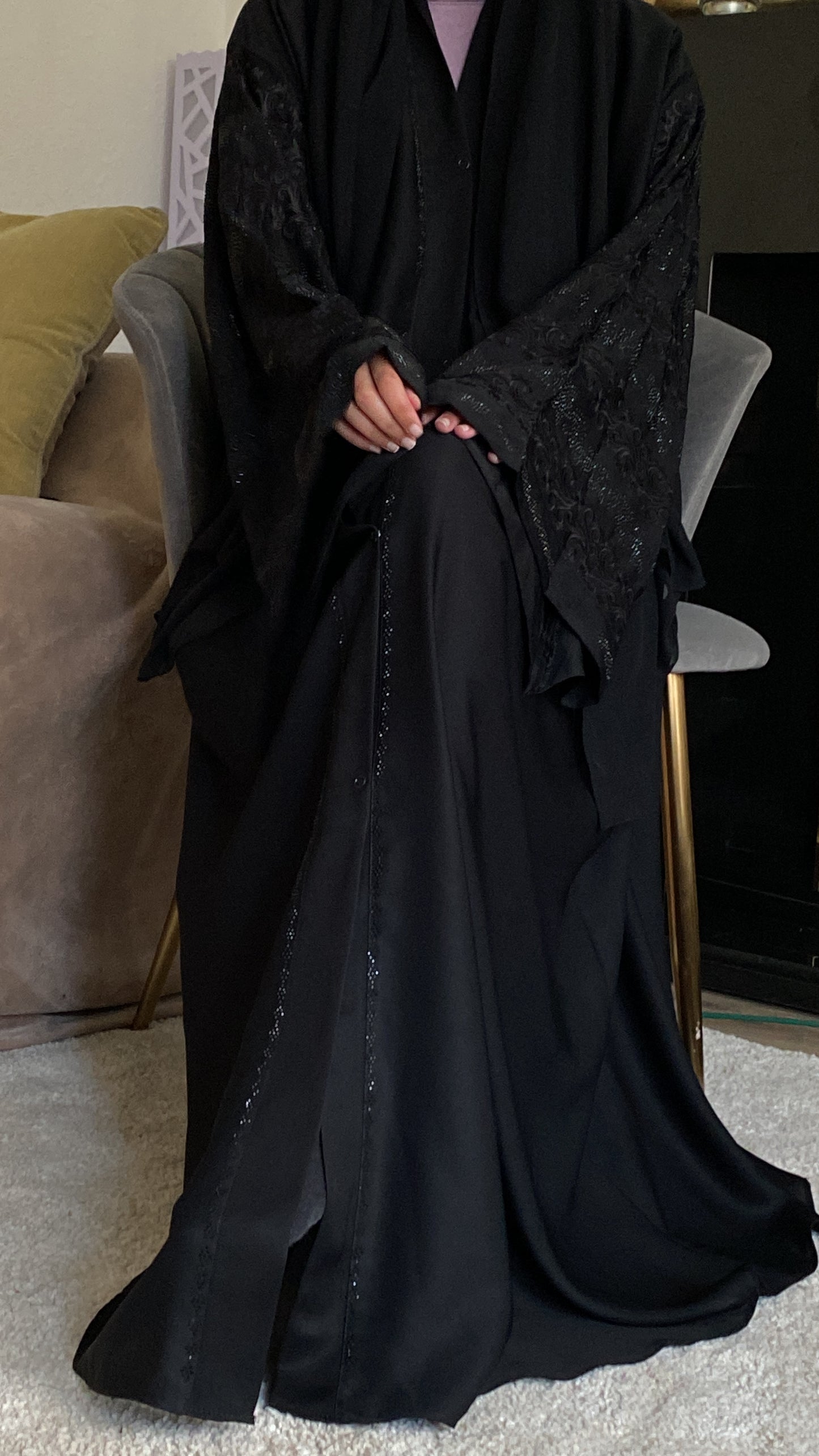 Embroidered Floral Sleeve Open Abaya