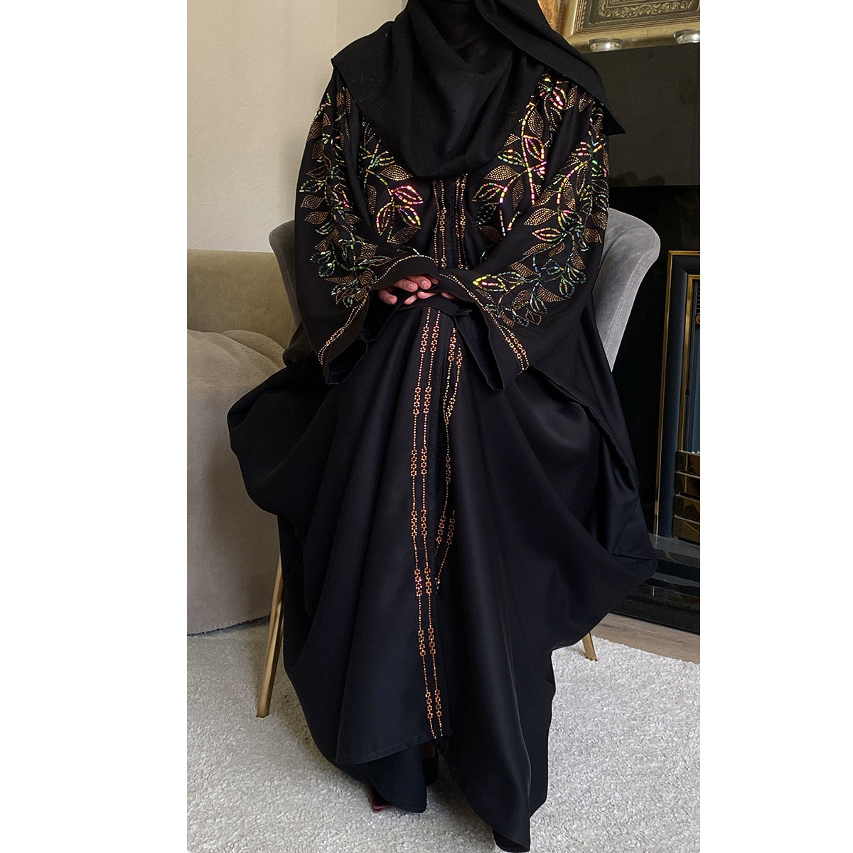 Moona Embellished Butterfly Open Button Abaya