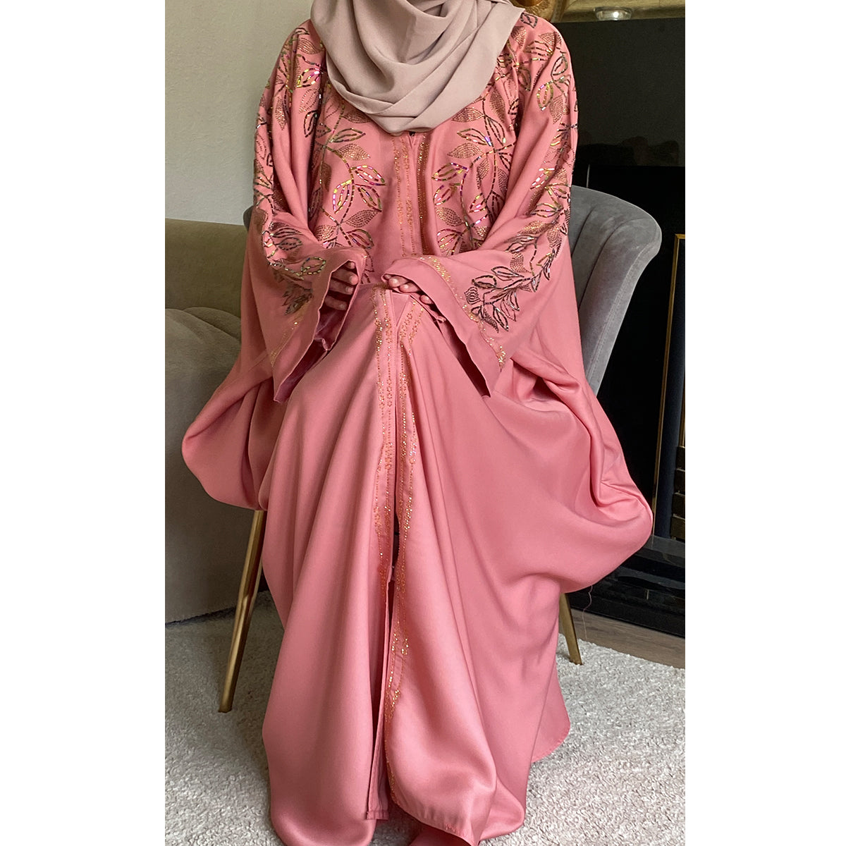 Moona Embellished Butterfly Open Button Abaya